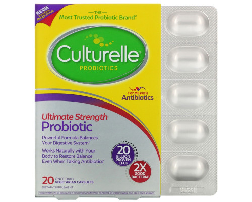 Culturelle, Дополнительная сила, здоровье системы пищеварения, ежедневная формула с пробиотиками, 20 капсул в растительной оболочке для приема 1 раз в день Culturelle, Дополнительная сила, здоровье системы пищеварения, ежедневная формула с пробиотиками, 20 капсул в растительной оболочке для приема 1 раз в день