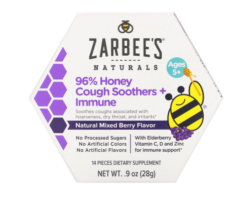 Zarbee's, 96% Honey Cough Soothers + Immune Support, Natural Mixed Berry Flavor, Ages 5+, 14 Pieces Zarbee's, 96% Honey Cough Soothers + Immune Support, Natural Mixed Berry Flavor, Ages 5+, 14 Pieces