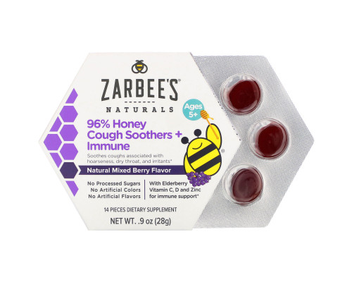 Zarbee's, 96% Honey Cough Soothers + Immune Support, Natural Mixed Berry Flavor, Ages 5+, 14 Pieces Zarbee's, 96% Honey Cough Soothers + Immune Support, Natural Mixed Berry Flavor, Ages 5+, 14 Pieces
