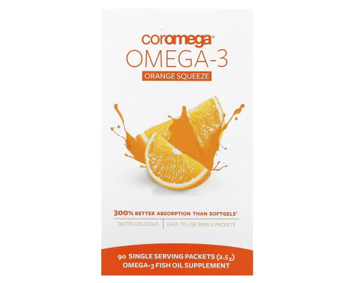 Coromega Омега-3 Выжимающиеся пакетики со вкусом апельсина 90 пакетиков 2.5 г каждый Coromega Омега-3 Выжимающиеся пакетики со вкусом апельсина 90 пакетиков 2.5 г каждый