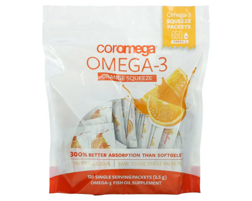 Coromega Омега-3 Squeeze со вкусом апельсина 120 выжимающихся пакетиков по 2.5 г Coromega Омега-3 Squeeze со вкусом апельсина 120 выжимающихся пакетиков по 2.5 г