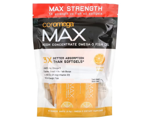 Coromega, Max, Super High Omega-3 Fish Oil, Citrus Burst, 60 Squeeze Shots, (2.5 g) Each Coromega, Max, Super High Omega-3 Fish Oil, Citrus Burst, 60 Squeeze Shots, (2.5 g) Each