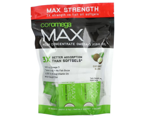 Coromega, Max, Super High Omega-3 Fish Oil, Coconut Bliss, 2,400 mg, 60 Squeeze Shots, 2.5 g Each Coromega, Max, Super High Omega-3 Fish Oil, Coconut Bliss, 2,400 mg, 60 Squeeze Shots, 2.5 g Each