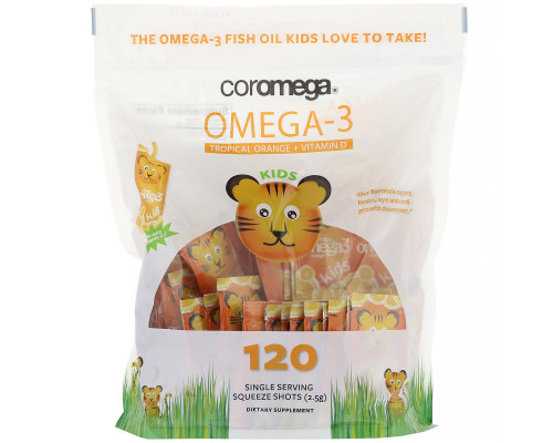 Coromega, Omega-3, Tropical Orange + Vitamin D for Kids, 120 Squeeze Shots Coromega, Omega-3, Tropical Orange + Vitamin D for Kids, 120 Squeeze Shots