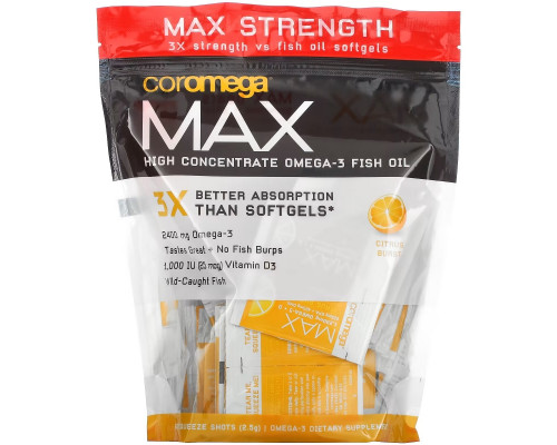 Coromega, Max High Concentrate Omega-3 Fish Oil, Citrus Burst, 90 Squeeze Shots, 2.5 g Each Coromega, Max High Concentrate Omega-3 Fish Oil, Citrus Burst, 90 Squeeze Shots, 2.5 g Each