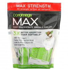 Coromega, Max High Concentrate Omega-3 Fish Oil, Coconut Bliss, 90 Squeeze Shots, 2.5 g Each