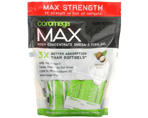 Coromega, Max High Concentrate Omega-3 Fish Oil, Coconut Bliss, 90 Squeeze Shots, 2.5 g Each Coromega, Max High Concentrate Omega-3 Fish Oil, Coconut Bliss, 90 Squeeze Shots, 2.5 g Each