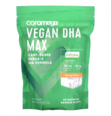 Рыбий жир и Омега 3, 6, 9 Coromega, Vegan DHA Max, апельсин, 60 индивидуальных пакетиков по 2,5 г