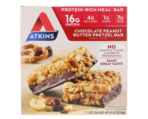 Atkins Батончики со вкусом претцелей с шоколадно арахисовой пастой 5 батончиков 1.7 унций (48 г) каждый Atkins Батончики со вкусом претцелей с шоколадно арахисовой пастой 5 батончиков 1.7 унций (48 г) каждый