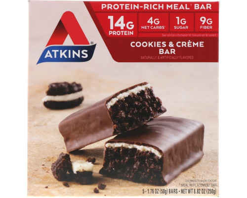Atkins Батончики со вкусом печенья со сливками 5 шт. 17 унции ( 48 г) каждый Atkins Батончики со вкусом печенья со сливками 5 шт. 17 унции ( 48 г) каждый