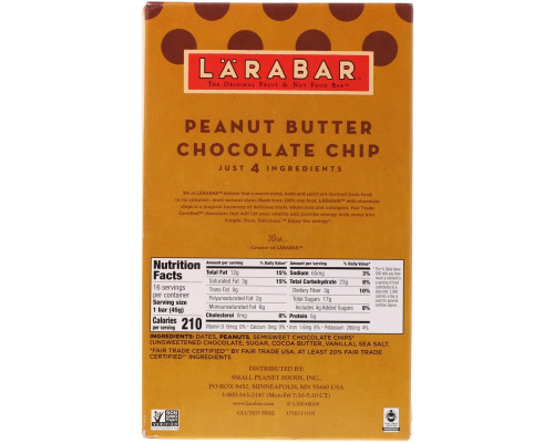 Larabar, Батончики с шоколадной крошкой и арахисовым маслом, 16 батончиков, каждый батончик по 1,6 унций (45 г) Larabar, Батончики с шоколадной крошкой и арахисовым маслом, 16 батончиков, каждый батончик по 1,6 унций (45 г)