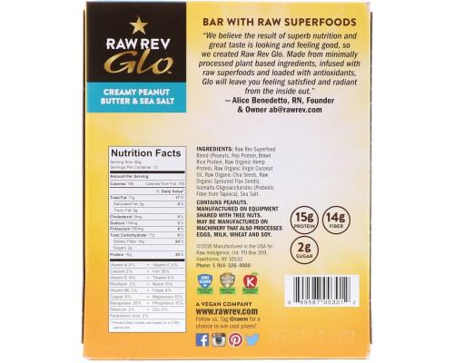 Raw Revolution Glo Creamy Peanut Butter & Sea Salt 12 Bars 1.6 oz (46 g) Each Raw Revolution Glo Creamy Peanut Butter & Sea Salt 12 Bars 1.6 oz (46 g) Each