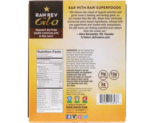 Raw Revolution Glo Peanut Butter Dark Chocolate & Sea Salt 12 Bars 1.6 oz (46 g) Each Raw Revolution Glo Peanut Butter Dark Chocolate & Sea Salt 12 Bars 1.6 oz (46 g) Each