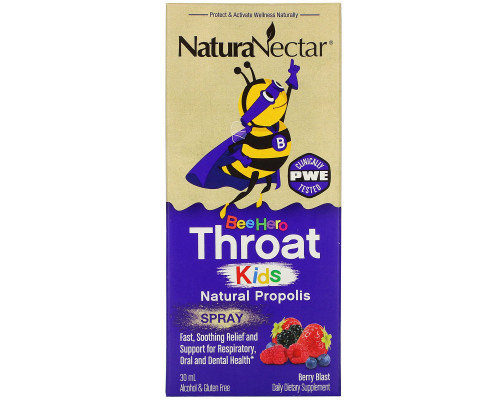 NaturaNectar, Bee Hero Throat Kids, Natural Propolis Spray, Berry Blast, 30 ml NaturaNectar, Bee Hero Throat Kids, Natural Propolis Spray, Berry Blast, 30 ml