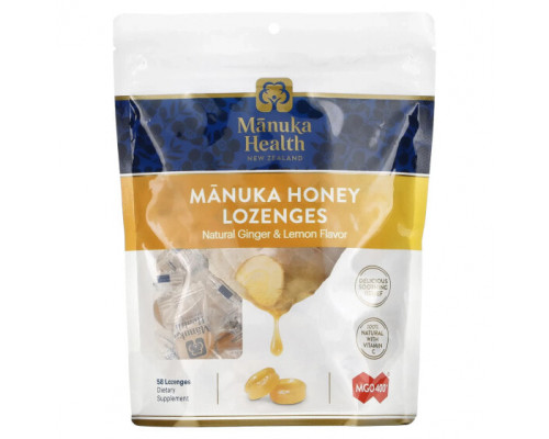 От гриппа и простуды Manuka Health, Леденцы с медом Manuka, натуральный имбирь и лимон, 58 леденцов От гриппа и простуды Manuka Health, Леденцы с медом Manuka, натуральный имбирь и лимон, 58 леденцов