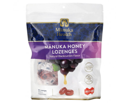 От гриппа и простуды Manuka Health, Леденцы с медом Manuka, натуральная черная смородина, 58 леденцов От гриппа и простуды Manuka Health, Леденцы с медом Manuka, натуральная черная смородина, 58 леденцов