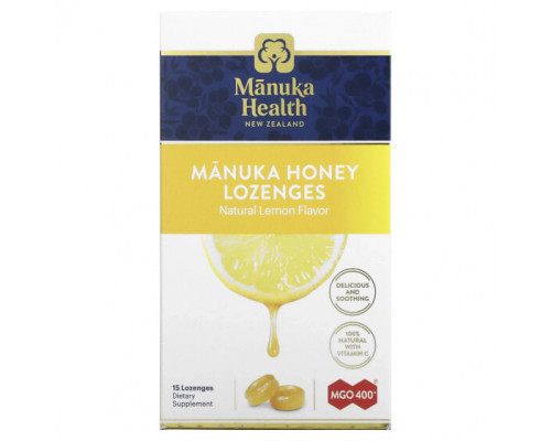 От гриппа и простуды Manuka Health, Леденцы, лесной мёд манука и лимон, MGO 400+, 15 леденцов От гриппа и простуды Manuka Health, Леденцы, лесной мёд манука и лимон, MGO 400+, 15 леденцов