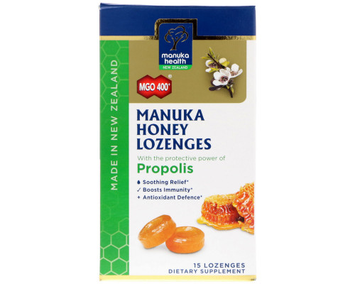 Manuka Health, Manuka Honey Lozenges, Propolis, MGO 400+, 15 Lozenges Manuka Health, Manuka Honey Lozenges, Propolis, MGO 400+, 15 Lozenges