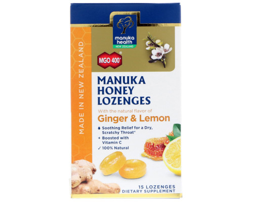 Manuka Health, Manuka Honey Lozenges, MGO 400+, Ginger & Lemon, 15 Lozenges Manuka Health, Manuka Honey Lozenges, MGO 400+, Ginger & Lemon, 15 Lozenges
