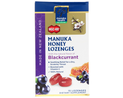 Manuka Health, Леденцы, лесной мёд манука и черная смородина, MGO 400+, 15 леденцов Manuka Health, Леденцы, лесной мёд манука и черная смородина, MGO 400+, 15 леденцов