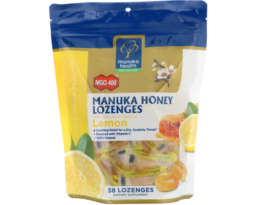 Manuka Health, Manuka Honey Lozenges, Lemon, MGO 400+, 58 Lozenges Manuka Health, Manuka Honey Lozenges, Lemon, MGO 400+, 58 Lozenges