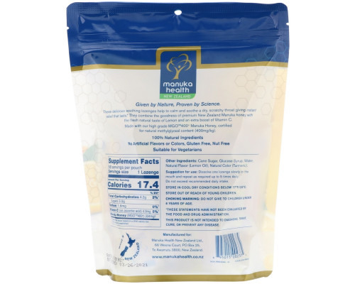 Manuka Health, Manuka Honey Lozenges, Lemon, MGO 400+, 58 Lozenges Manuka Health, Manuka Honey Lozenges, Lemon, MGO 400+, 58 Lozenges