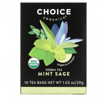 Травяные сборы и чаи Choice Organic Teas, травяной чай, мята и шалфей, без кофеина, 16 чайных пакетиков, 29 г (1,02 унции)