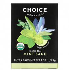 Травяные сборы и чаи Choice Organic Teas, травяной чай, мята и шалфей, без кофеина, 16 чайных пакетиков, 29 г (1,02 унции)