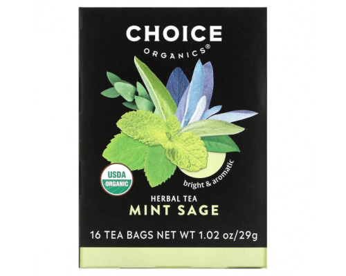 Травяные сборы и чаи Choice Organic Teas, травяной чай, мята и шалфей, без кофеина, 16 чайных пакетиков, 29 г (1,02 унции) Травяные сборы и чаи Choice Organic Teas, травяной чай, мята и шалфей, без кофеина, 16 чайных пакетиков, 29 г (1,02 унции)