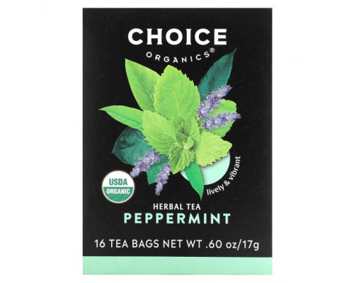 Травяные сборы и чаи Choice Organic Teas, Herbal Tea, перечная мята, без кофеина, 16 чайных пакетиков, 17 г (0,60 унции) Травяные сборы и чаи Choice Organic Teas, Herbal Tea, перечная мята, без кофеина, 16 чайных пакетиков, 17 г (0,60 унции)
