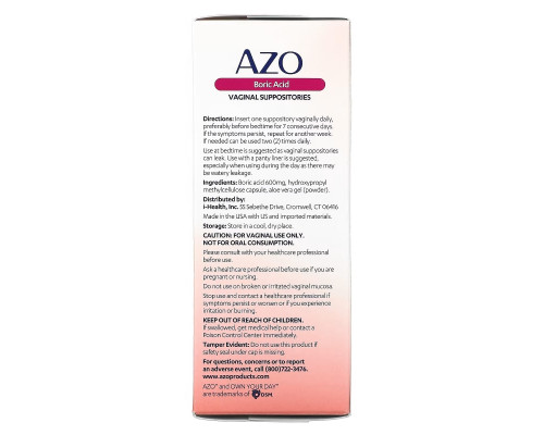 Azo, Boric Acid, Vaginal Suppositories, 600 mg, 30 Suppositories Azo, Boric Acid, Vaginal Suppositories, 600 mg, 30 Suppositories