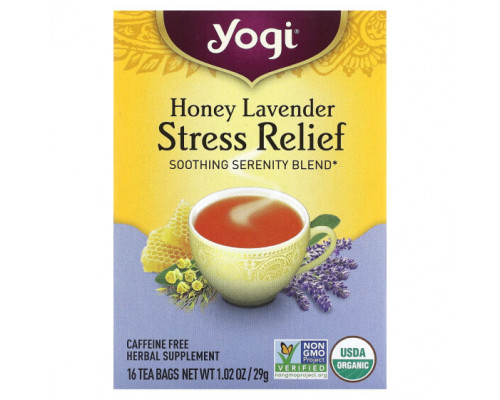 Травяные сборы и чаи Yogi Tea, Stress Relief, мед и лаванда, без кофеина, 16 чайных пакетиков, 29 г (1,02 унции)