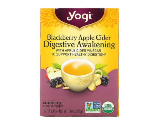 Травяные сборы и чаи Yogi Tea, Пробуждение пищеварения, чай без кофеина с ежевикой и яблочным сидром, 16 чайных пакетиков, 29 г (1,02 унции) Травяные сборы и чаи Yogi Tea, Пробуждение пищеварения, чай без кофеина с ежевикой и яблочным сидром, 16 чайных пакетиков, 29 г (1,02 унции)