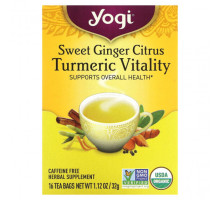 Травяные сборы и чаи Yogi Tea, Sweet Ginger Citrus Turmeric Vitality, без кофеина, 16 чайных пакетиков, 1,12 унции (32 г)
