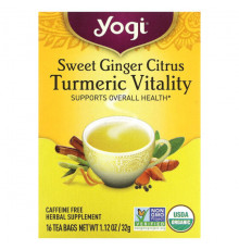 Травяные сборы и чаи Yogi Tea, Sweet Ginger Citrus Turmeric Vitality, без кофеина, 16 чайных пакетиков, 1,12 унции (32 г)