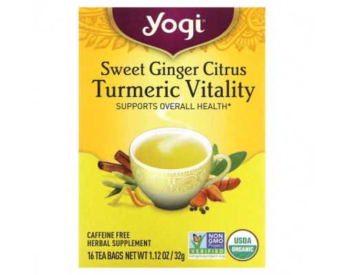 Травяные сборы и чаи Yogi Tea, Sweet Ginger Citrus Turmeric Vitality, без кофеина, 16 чайных пакетиков, 1,12 унции (32 г) Травяные сборы и чаи Yogi Tea, Sweet Ginger Citrus Turmeric Vitality, без кофеина, 16 чайных пакетиков, 1,12 унции (32 г)
