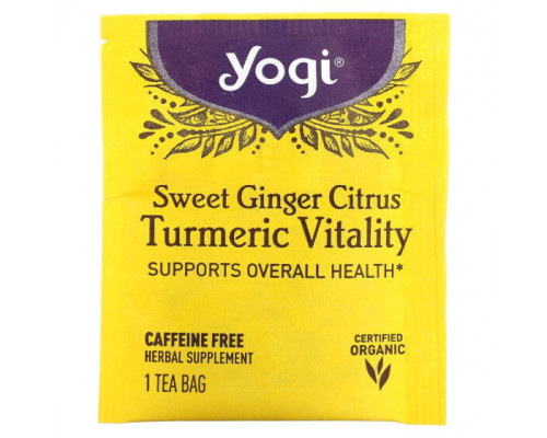 Травяные сборы и чаи Yogi Tea, Sweet Ginger Citrus Turmeric Vitality, без кофеина, 16 чайных пакетиков, 1,12 унции (32 г) Травяные сборы и чаи Yogi Tea, Sweet Ginger Citrus Turmeric Vitality, без кофеина, 16 чайных пакетиков, 1,12 унции (32 г)