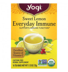 Травяные сборы и чаи Yogi Tea, Everyday Immune, чай для поддержки иммунитета со вкусом сладкого лимона, без кофеина, 16 чайных пакетиков по 32 г (1,12 унции)