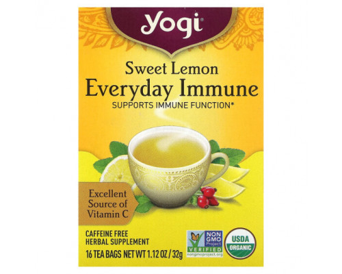 Травяные сборы и чаи Yogi Tea, Everyday Immune, чай для поддержки иммунитета со вкусом сладкого лимона, без кофеина, 16 чайных пакетиков по 32 г (1,12 унции) Травяные сборы и чаи Yogi Tea, Everyday Immune, чай для поддержки иммунитета со вкусом сладкого лимона, без кофеина, 16 чайных пакетиков по 32 г (1,12 унции)