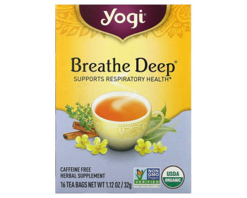 Травяные сборы и чаи Yogi Tea, Breathe Deep, без кофеина, 16 чайных пакетиков, 32 г (1,12 унции) Травяные сборы и чаи Yogi Tea, Breathe Deep, без кофеина, 16 чайных пакетиков, 32 г (1,12 унции)