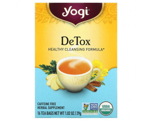 Травяные сборы и чаи Yogi Tea, Detox, без кофеина, 16 чайных пакетиков, 29 г (1,02 унции) Травяные сборы и чаи Yogi Tea, Detox, без кофеина, 16 чайных пакетиков, 29 г (1,02 унции)