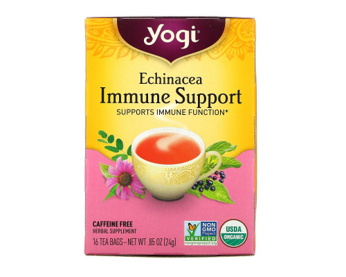 Yogi Tea, Чай для иммунной поддержки с эхинацеей без кофеина, 16 чайных пакетиков, 0.85 унций (24 г)