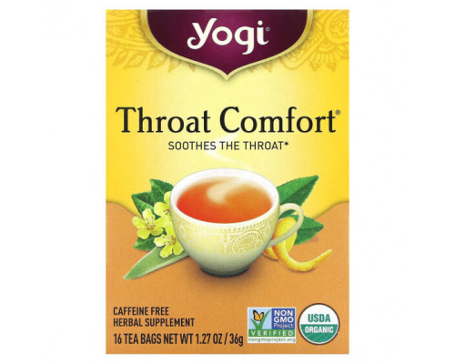Травяные сборы и чаи Yogi Tea, Throat Comfort, без кофеина, 16 чайных пакетиков, 36 г (1,27 унции) Травяные сборы и чаи Yogi Tea, Throat Comfort, без кофеина, 16 чайных пакетиков, 36 г (1,27 унции)