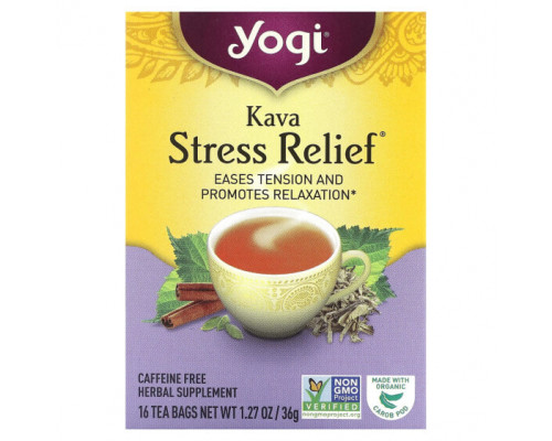 Травяные сборы и чаи Yogi Tea, Kava Stress Relief (Кава антистресс), без кофеина, 16 чайных пакетиков, 36 г (1,27 унции) Травяные сборы и чаи Yogi Tea, Kava Stress Relief (Кава антистресс), без кофеина, 16 чайных пакетиков, 36 г (1,27 унции)