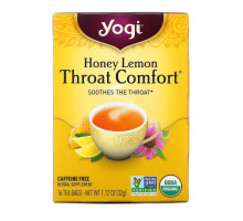 Травяные сборы и чаи Yogi Tea, Органический, Throat Comfort, со вкусом меда и лимона, без кофеина, 16 чайных пакетиков, 1.12 унций (32 г)