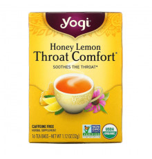 Травяные сборы и чаи Yogi Tea, Органический, Throat Comfort, со вкусом меда и лимона, без кофеина, 16 чайных пакетиков, 1.12 унций (32 г)