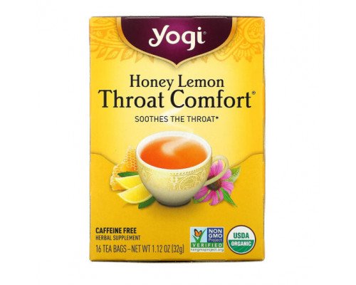 Травяные сборы и чаи Yogi Tea, Органический, Throat Comfort, со вкусом меда и лимона, без кофеина, 16 чайных пакетиков, 1.12 унций (32 г) Травяные сборы и чаи Yogi Tea, Органический, Throat Comfort, со вкусом меда и лимона, без кофеина, 16 чайных пакетиков, 1.12 унций (32 г)