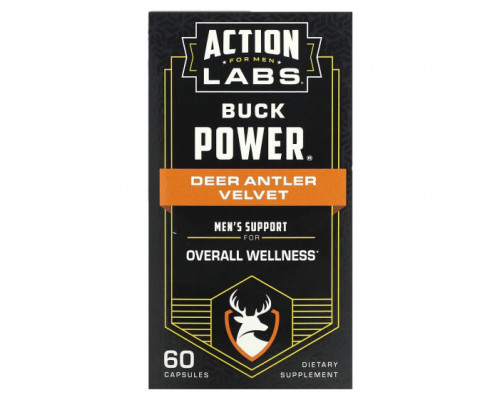 Мужское здоровье Action Labs, Для мужчин, Buck Power, бархат из оленьих рогов, 60 капсул Мужское здоровье Action Labs, Для мужчин, Buck Power, бархат из оленьих рогов, 60 капсул