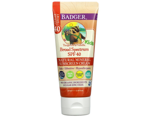 Badger Company, Clear Sport, для детей, натуральный минеральный солнцезащитный крем, фактор защиты от солнца 40, мандарин и ваниль, 2,9 жидкой унции (87 мл) Badger Company, Clear Sport, для детей, натуральный минеральный солнцезащитный крем, фактор защиты от солнца 40, мандарин и ваниль, 2,9 жидкой унции (87 мл)