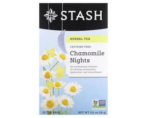 Травяные сборы и чаи Stash Tea, Herbal Tea, Chamomile Nights, без кофеина, 20 чайных пакетиков, 18 г (0,6 унции) Травяные сборы и чаи Stash Tea, Herbal Tea, Chamomile Nights, без кофеина, 20 чайных пакетиков, 18 г (0,6 унции)